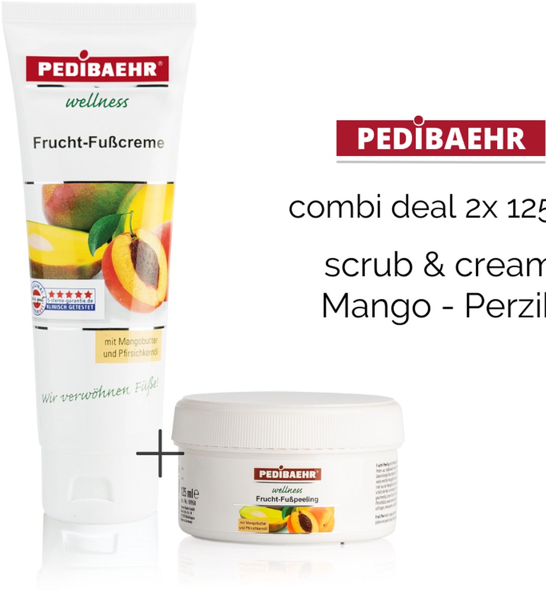 PEDIBAEHR - Voordeelverpakking - Voetencrème - Scrub - Mango-Perzik - Wellness - Combi Deal - inhoud 2 x 125ml - – Vegan –