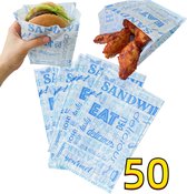 Rainbecom - 50 Stuks - Hamburger Zakje Papier - Vetvrij Papier - Papieren Zak voor Sandwiches - Blauw