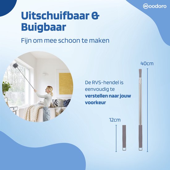 Woodoro Ragebol Uitschuifbaar Complete 9-Delige Set - Verstelbare Telescoopsteel - Plumeau - RVS - Zwart & Grijs