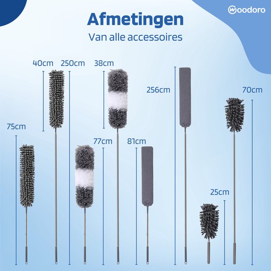 Woodoro Ragebol Uitschuifbaar Complete 9-Delige Set - Verstelbare Telescoopsteel - Plumeau - RVS - Zwart & Grijs