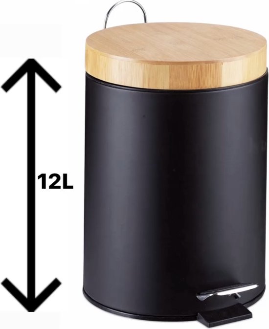 OMID HOME® - Bamboe Pedaalemmer - 12liter - afvalemmer badkamer - afvalbak toilet - softclose - zwart