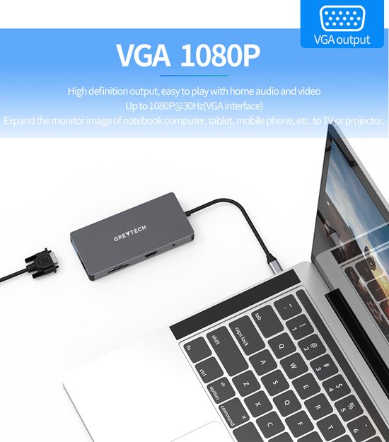 Greytech USB C Laptop Docking station met 4K HDMI VGA 60HZ 1920*1080