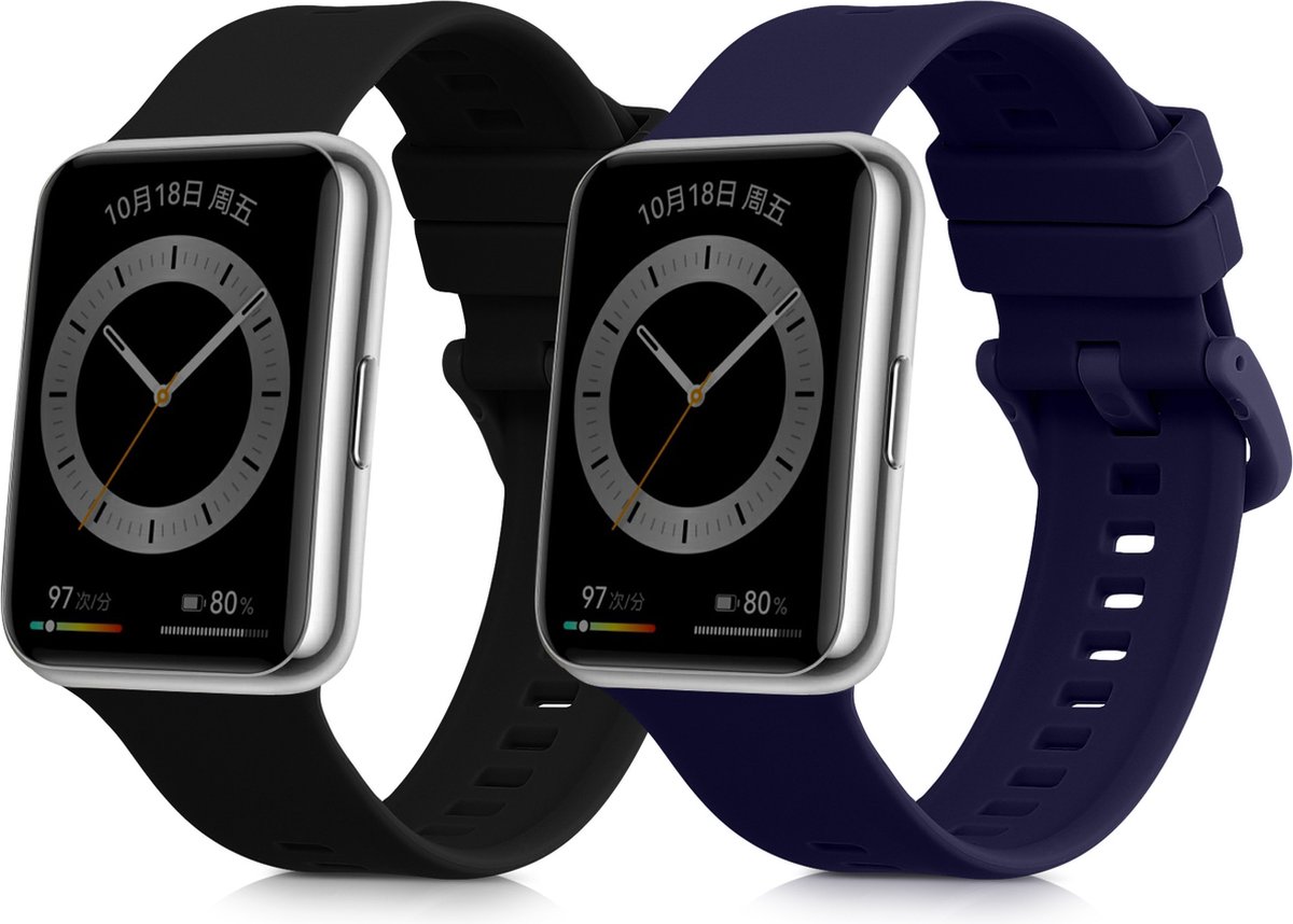 kwmobile 2x horlogebandjes geschikt voor Huawei Watch Fit 2 bandje - Smartwatch bandjes van TPU - Activity tracker horloge band in zwart / donkerblauw