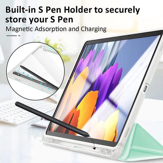 Coque Samsung Tab S7+ - Coque à trois volets - Vert clair - Convient pour Samsung Galaxy Tab S7+ - 11 pouces - SM-T970, SM-T976B