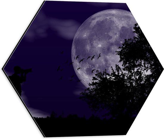 WallClassics - Dibond Hexagon - Fotograaf bij Volle Maan achter Bomen - 40x34.8 cm Foto op Hexagon (Met Ophangsysteem)