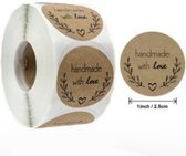 500 Stickers Hand Made With Love Op Een Rol - 2,5cm - Bedankt Stickers - Sluitsticker - Sluitzegel - Beige/Zwart - IXEN