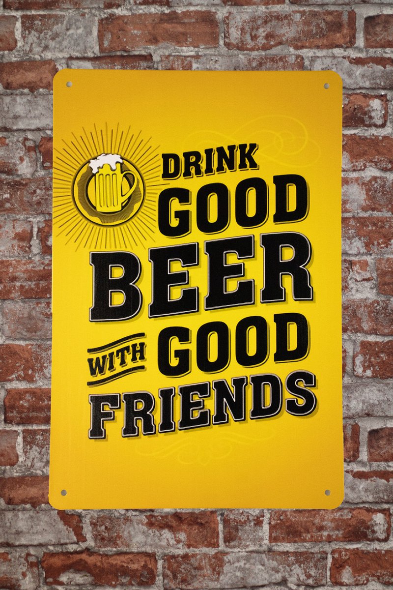 Cave & Garden Wandbord - Drink good beer - Metalen wandborden - Muurplaat - Mancave - Mancave decoratie - Metal sign - Metalen bord - 20 x 30cm - Metalen borden - Wandborden - Bar decoratie - Cave & Garden geel en zwart