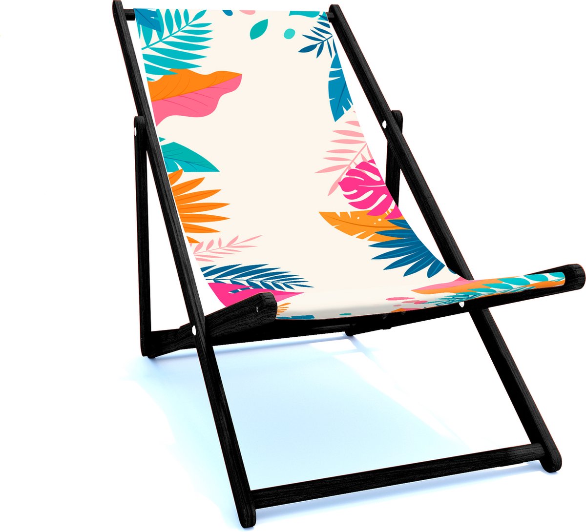 Holtaz Strandstoel Hout Inklapbaar Comfortabele Zonnebed Ligbed met verstelbare Lighoogte met stoffen Tropical zwart houten frame