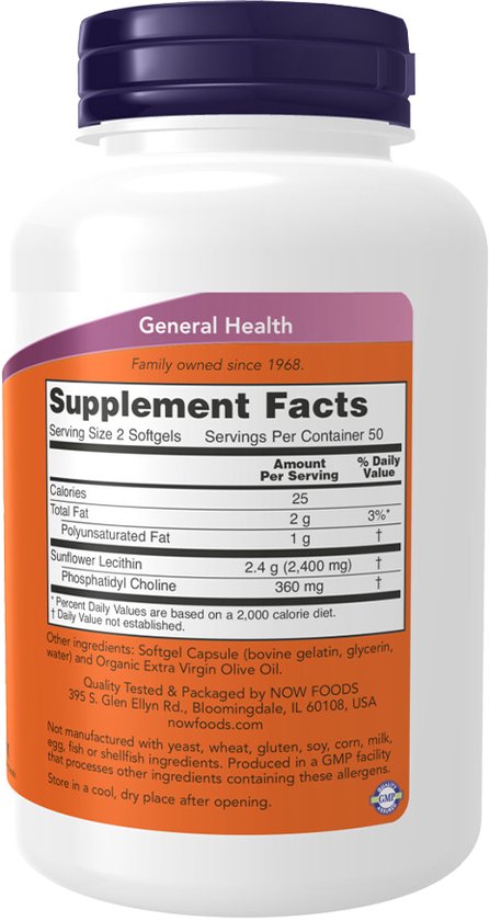 Lécithine De Tournesol Now Foods - 1200 Mg Par Gélule - Boîte De 100 Capsules - Neuf Sous Emballage