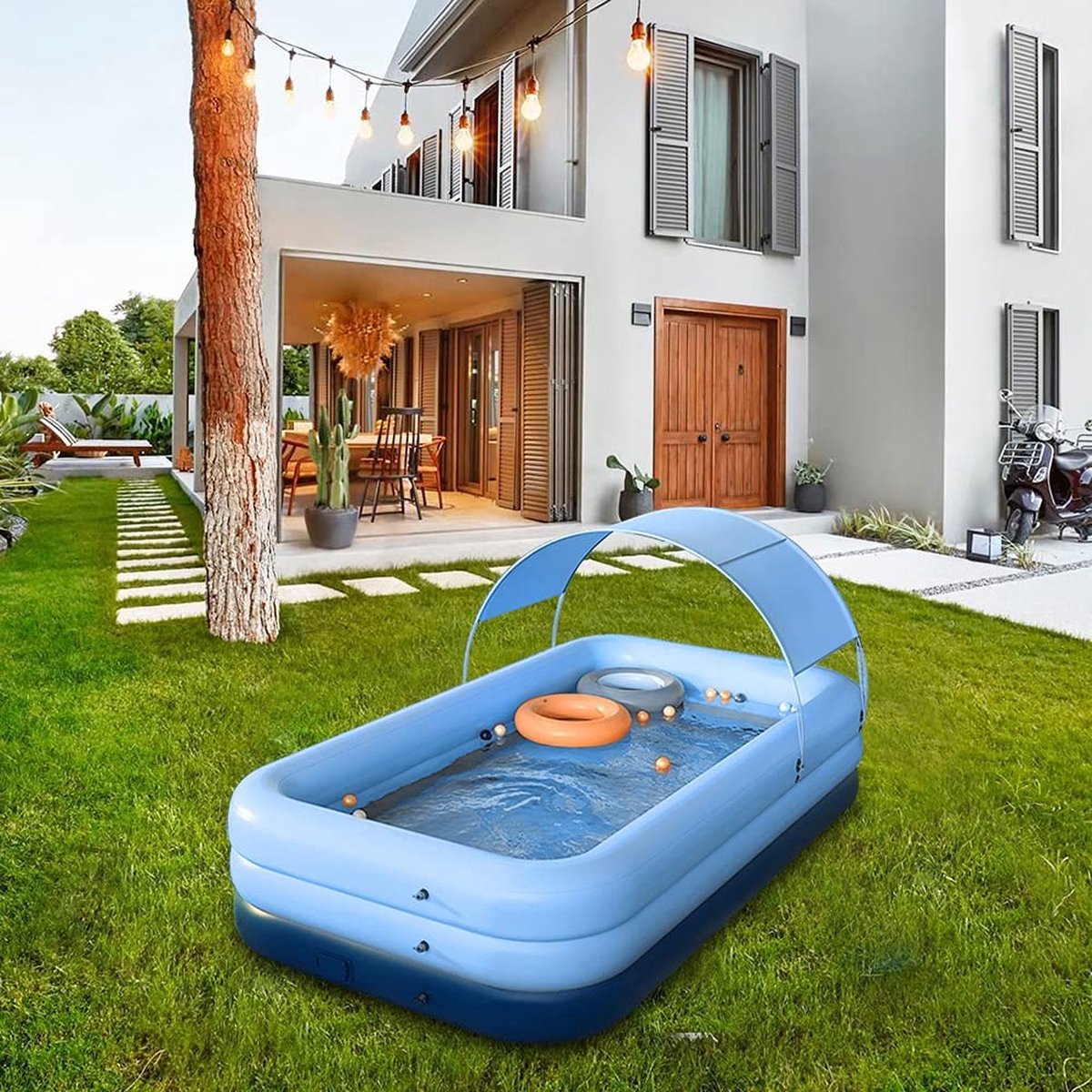 Nieuw automatisch opblaasbaar zwembad - opzetzwembad, familiezwembad, tuinzwembad, 210 cm, blauw