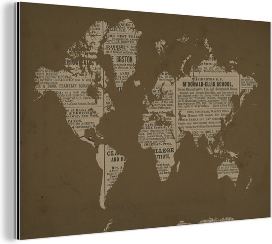 Décoration murale Métal - Peinture Aluminium - Wereldkaart - Rétro - Journal - 60x40 cm - Dibond