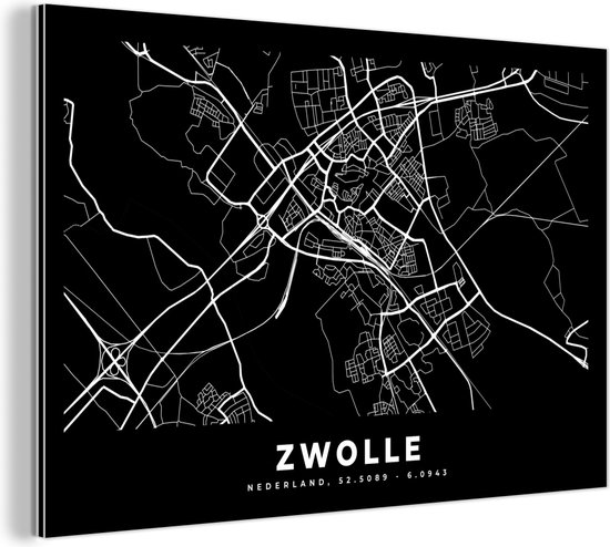 Wanddecoratie Metaal - Aluminium Schilderij Industrieel - Kaart - Zwolle - Zwart - 60x40 cm - Dibond - Foto op aluminium - Industriële muurdecoratie - Voor de woonkamer/slaapkamer