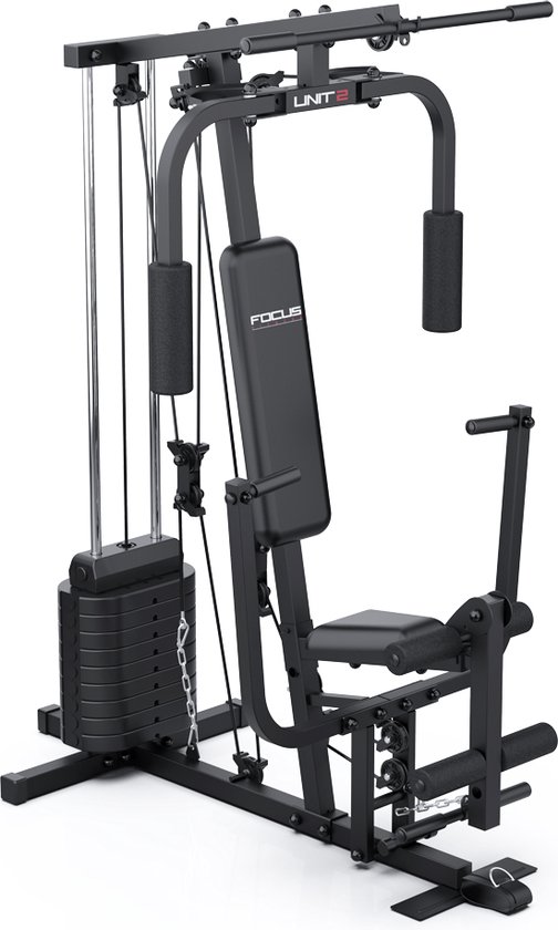 Zwart Focus Fitness Unit 2 krachtstation met gewichtstapel, zitje, leg curl en lat pulley.