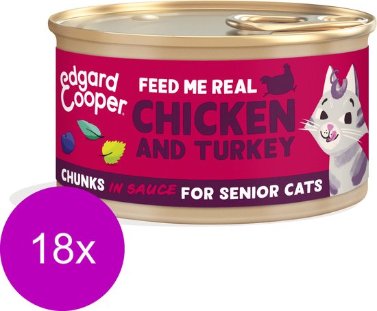 Edgard & Cooper Kattenvoer Graanvrij Natvoer voor Katten Senior Gesteriliseerde of Actieve Senior Kat Natuurlijke Stukjes in Saus 85g x 18 Verse Kalkoen & Kip, Smakelijk en Uitgebalanceerd, Vers Vlees