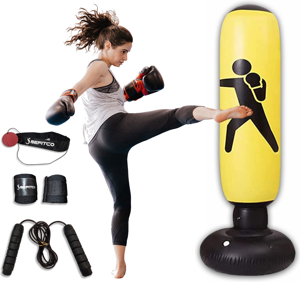 Befitco - Opblaasbare bokszak - Staande boksbal op voet - Complete boksset - Bokspaal voor volwassenen en kinderen