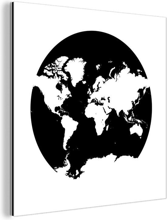 Witte wereldkaart op een zwarte aardbol Aluminium | Wereldkaart Wanddecoratie Aluminium
