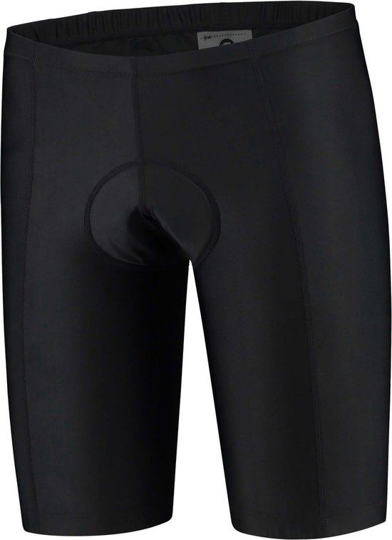 Zwarte fietsbroek met stiksels aan de zijkanten en een gepolsterd kruis.