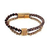 Dubbele Armband Heren - Tijgeroog Steen - Bruin Leren - Vossenstaart Schakelsarmband - RVS Goudkleur