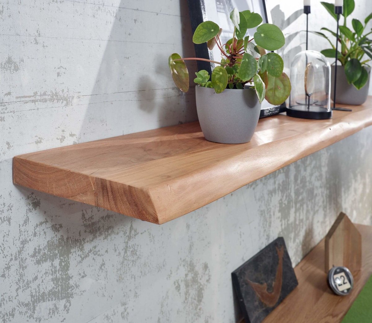 Ervesto Wandplank 160 Cm - Hangrek Muurplank - Acacia Massief Hout Lichtbruin - Zwevend Schap Met Boomrand - Rustieke Boekenplank