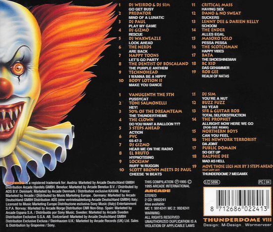 Albumcover THUNDERDOME VIII met enge clown en tracklist.