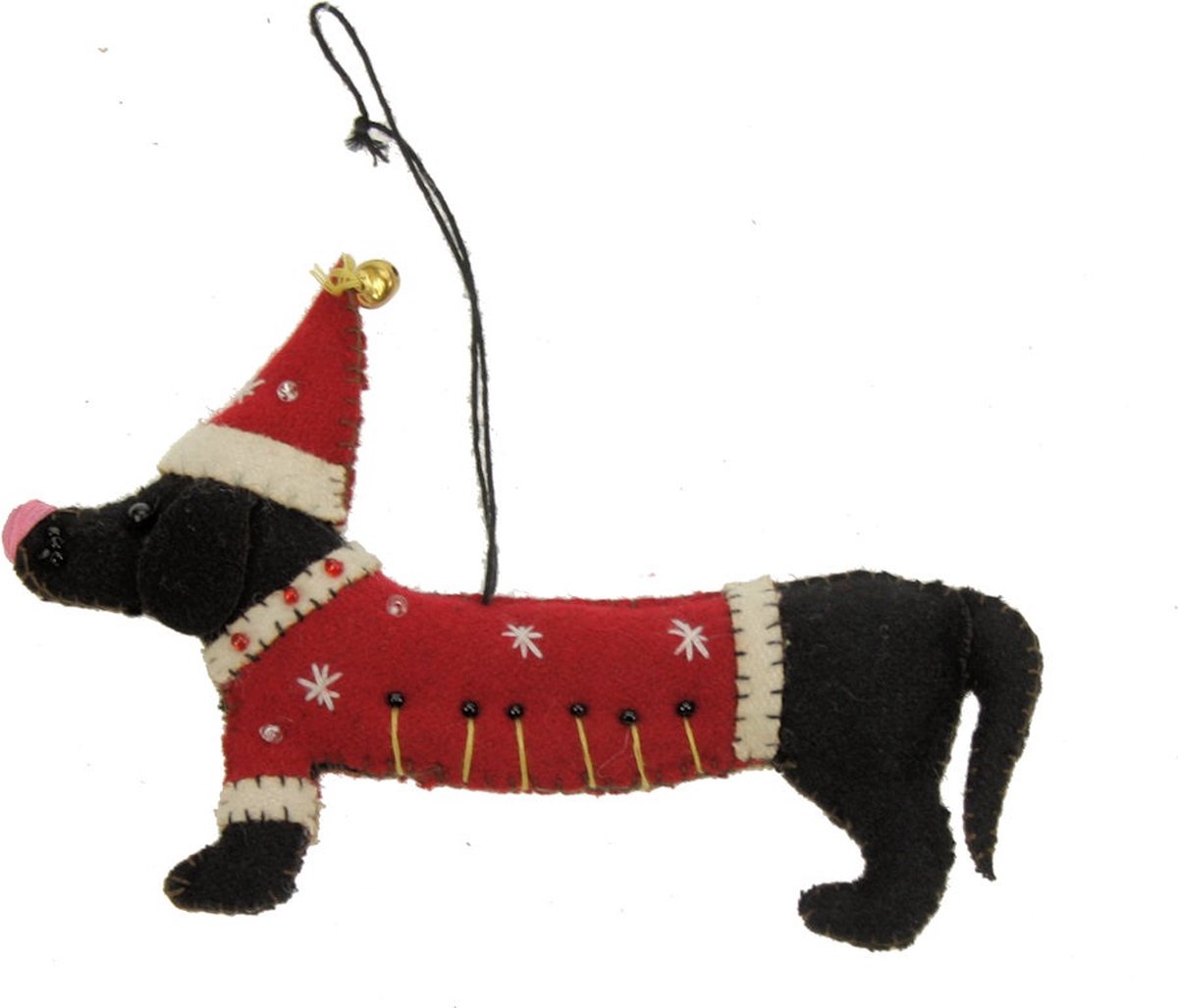 Teckel rode trui/kerstmuts, vilt 15x2x10cm