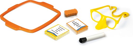 Losse onderdelen van TekenNeus: oranje frame, oranje gum, gele bril met neus, stift en kaartjes.
