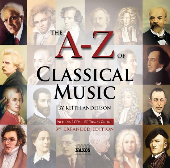Boekomslag van "The A-Z of Classical Music" met portretten van componisten en tekst.