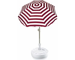 Rood gestreepte lichtgewicht strand/tuin basic parasol van nylon 180 cm + vulbare parasolvoet wit van plastic