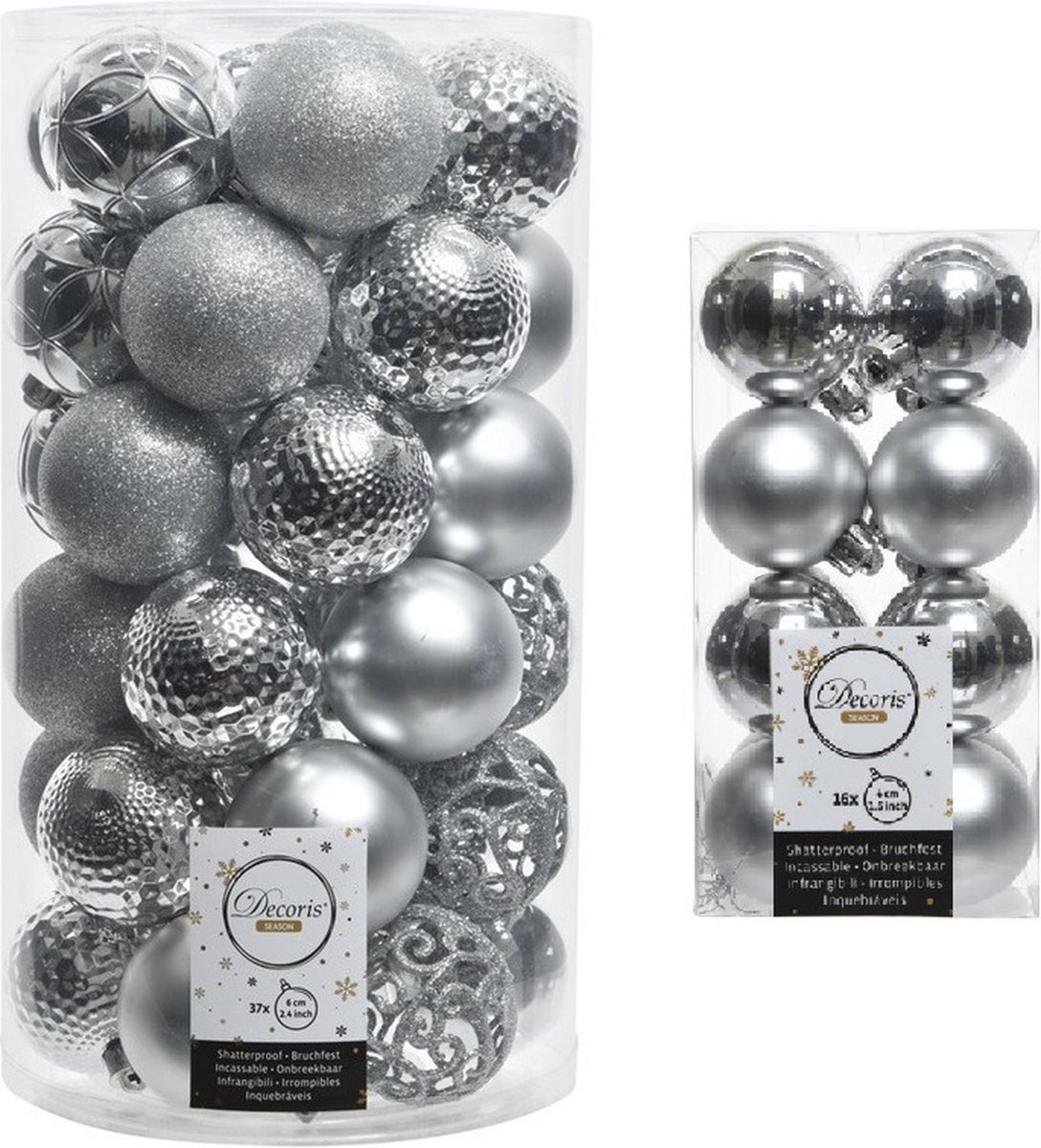 Kerstversiering kunststof kerstballen zilver 4-6 cm pakket van 53x stuks - Kerstboomversiering