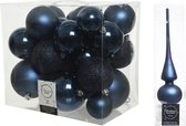 Kerstversiering kunststof kerstballen donkerblauw 6-8-10 cm pakket van 27x stuks - Met mat glazen piek van 26 cm