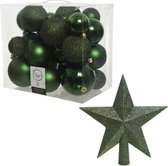 Kerstversiering kunststof kerstballen donkergroen 6-8-10 cm pakket van 27x stuks - Met kunststof ster piek van 19 cm