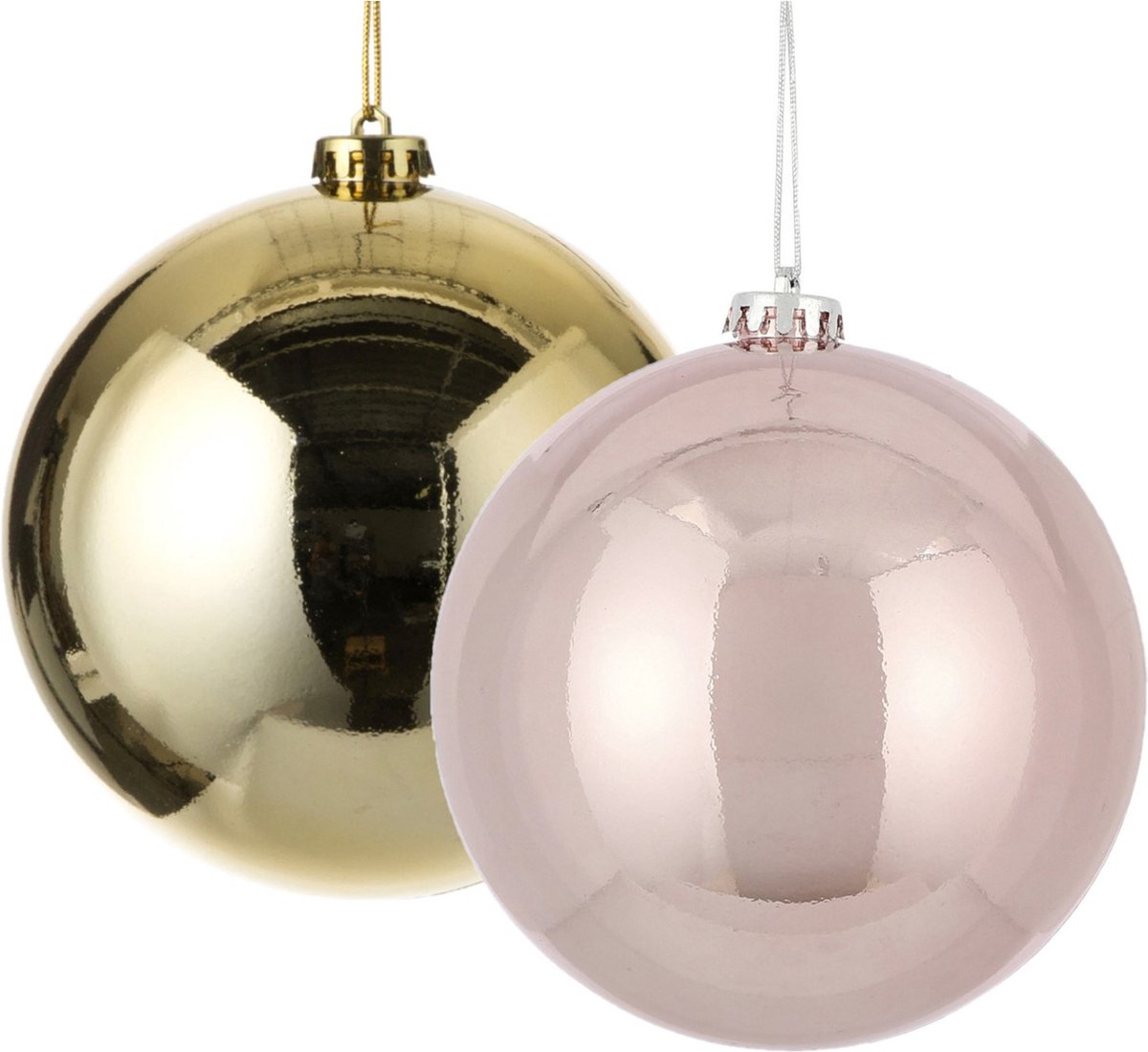 House of Seasons Kerstballen - 2 stuks - kunststof - goud-roze - glans - 15 cm