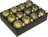 24x Glazen gedecoreerde donkergroen/gouden kerstballen 7,5 cm - Luxe glazen kerstballen - kerstversiering