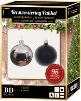 95 stuks Kerstballen mix zilver-zwart voor 150 cm boom - kerstballen pakket