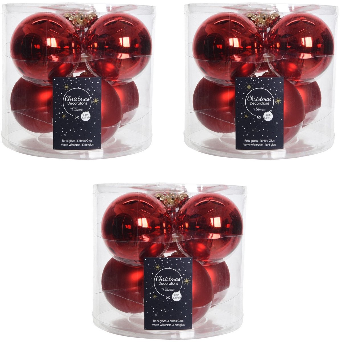 Decoris Kerstballen - 18x - rood - D8 cm - glas - glans en mat - Glans/glanzende - Kerstboomversiering kerst rood