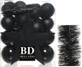 Kerstversiering kunststof kerstballen 5-6-8 cm met ster piek en folieslingers pakket zwart 35x stuks - Kerstboomversiering