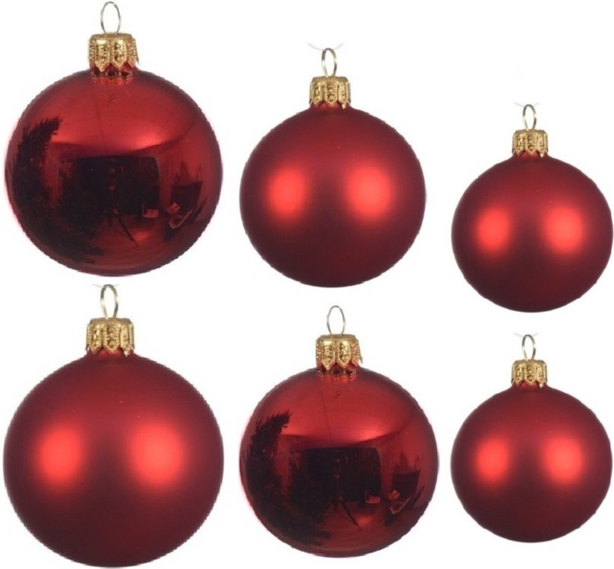 Compleet glazen kerstballen pakket kerstrood glans/mat 16x stuks - 6x 6 cm - 6x 8 cm - 4x 10 cm