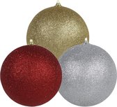 3x stuks grote glitter kerstballen van 18 cm set - Goud - Zilver - Rood - Kerstversieringen
