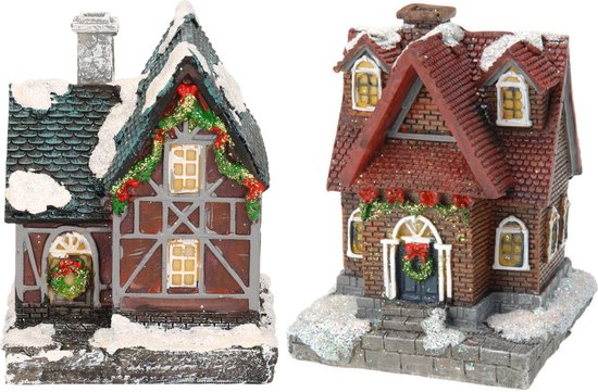 2x Kersthuisjes/kerstdorpje met verlichting 13 cm - Kerstdorpen maken accessoires