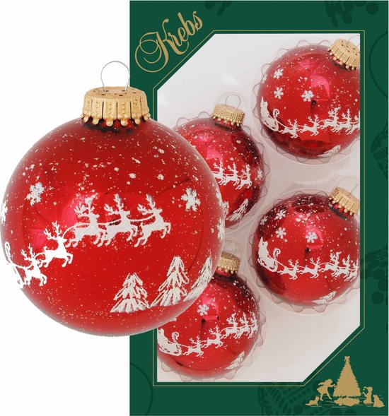 Balle de Noël rouge brillante Krebs avec rennes, traîneau et arbres. Lot de 5.