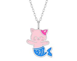 Zilveren ketting meisjes | Zilveren ketting, roze kat met blauwe zeemeerminstaart.jpg