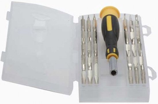 Een precisiesschroevendraaierset met een zwarte en gele handgreep, geopend in een doorzichtige plastic koffer met 30 bits.