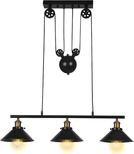 Hanglamp 3 delig industrieel Vintage verstelbaar e27 Zwart Plafondlamp Keukeneiland Katrol Edison