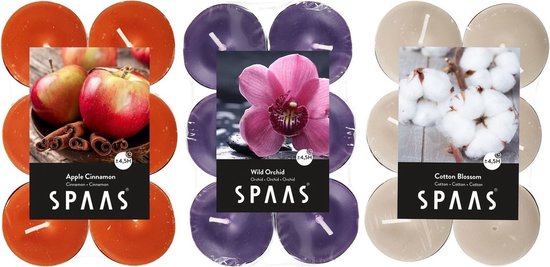 Candles by Spaas geurkaarsen - 36x stuks in 3 geuren - Wild Orchid - Appel-Cinnamon - Cotton Blossom