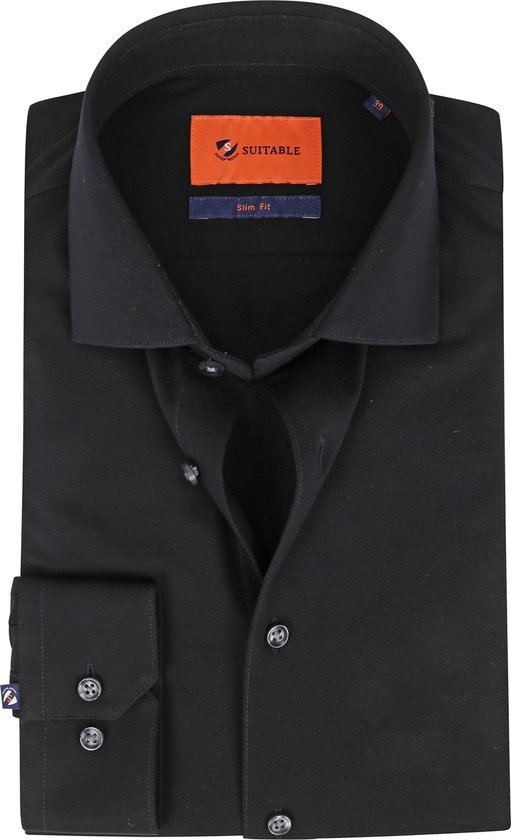 Suitable Overhemd Knitted Pique Zwart - Maat 40 - Heren - Casual Shirt