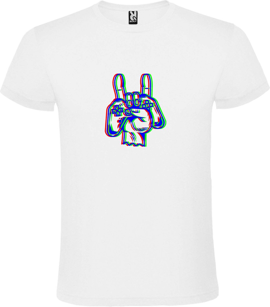Wit T shirt met print van " Gamecontroller in Hand " print RGB size XS