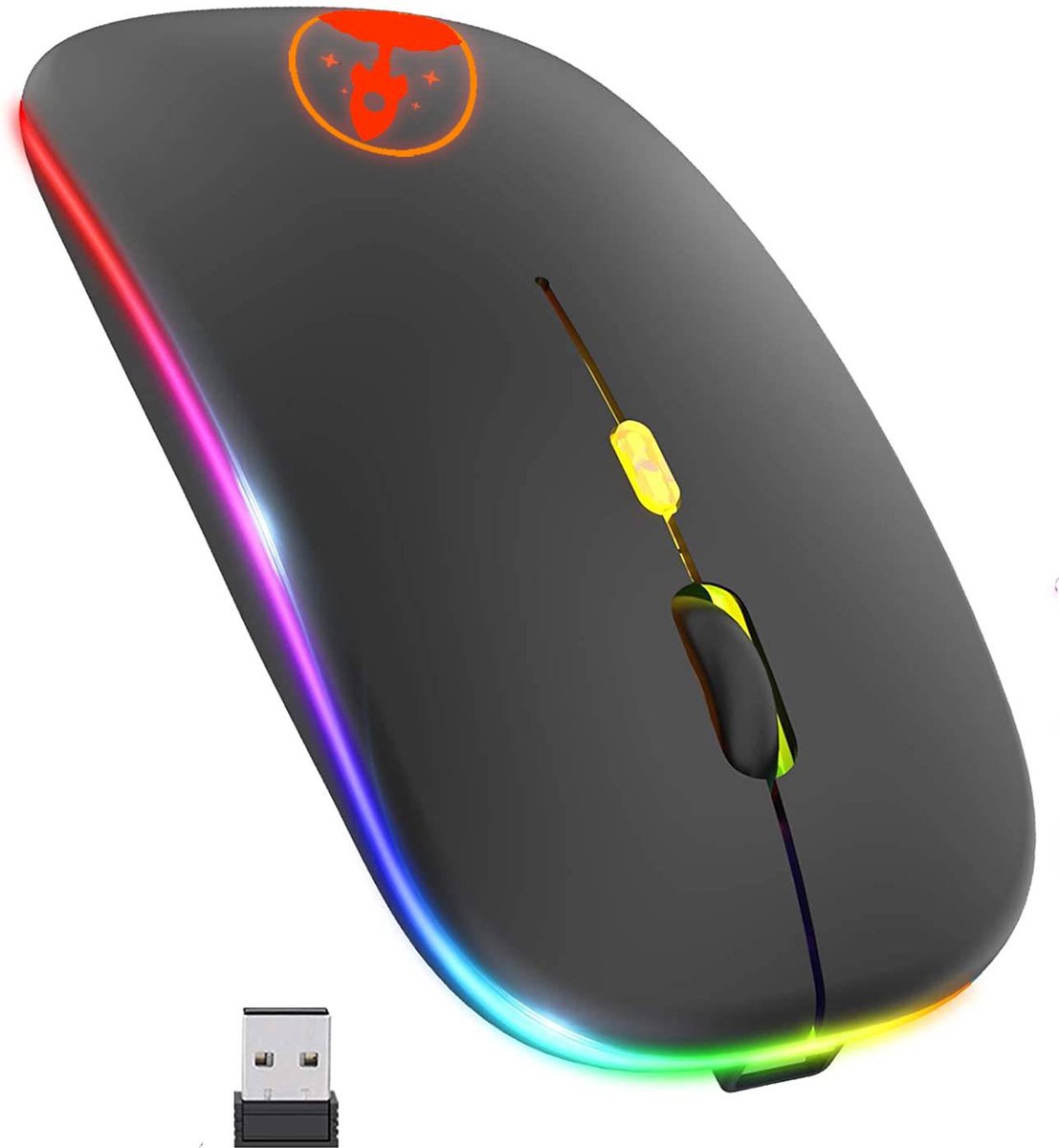 Rocketshop® | RGB Draadloos muis Oplaadbaar | 2.4G Draadloos USB Dongle | Draadloos | Slim | LED | Silent Click | Geruisloos | Optisch | Ergonomisch | Draagbare RGB Reismuis | met USB-Ontvanger voor MacBook, pc, computer, laptop - Zwart