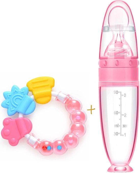 Babyflesje - Biberoia® Knijpfles met lepel -  Bijtring - Rammelaar - Baby - Kinderbestek - Baby speelgoed - Roze