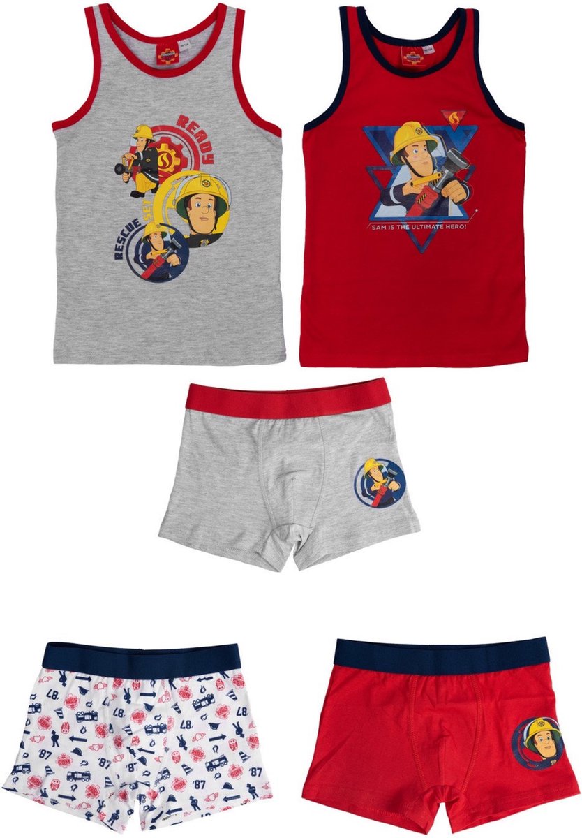 Brandweerman Sam ondergoed set - Set van 5 stuks - 3x Boxershort en 2x hemd - Rood/Grijs - Katoen - Maat 122/128