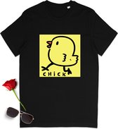 Grappig heren en dames t shirt - Vrouwen en mannen tshirt met cartoon kuiken - Chick print opdruk - Unisex maten: S t/m 3XL - Shirt kleur: zwart.